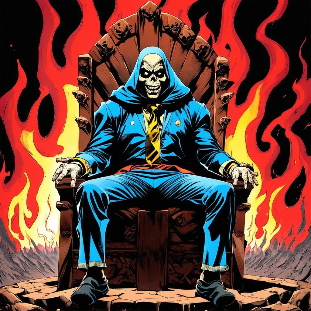 Mamman sitting on a throne of bones in hell, heavy metal magazine art, by Wes Benscoter, by John Romita Jr, horror poster, mephetic, cinematic lighting, epic masterpiece, colorful 70's horror aesthetic