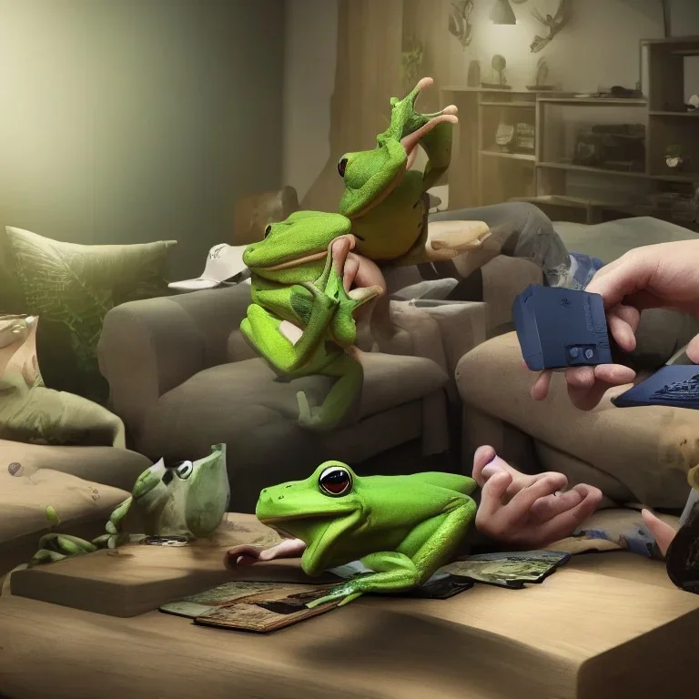 Two frogs sitting on the sofa in the living room and PS4 consoles in their hands,fantasy,4K,8K,16K