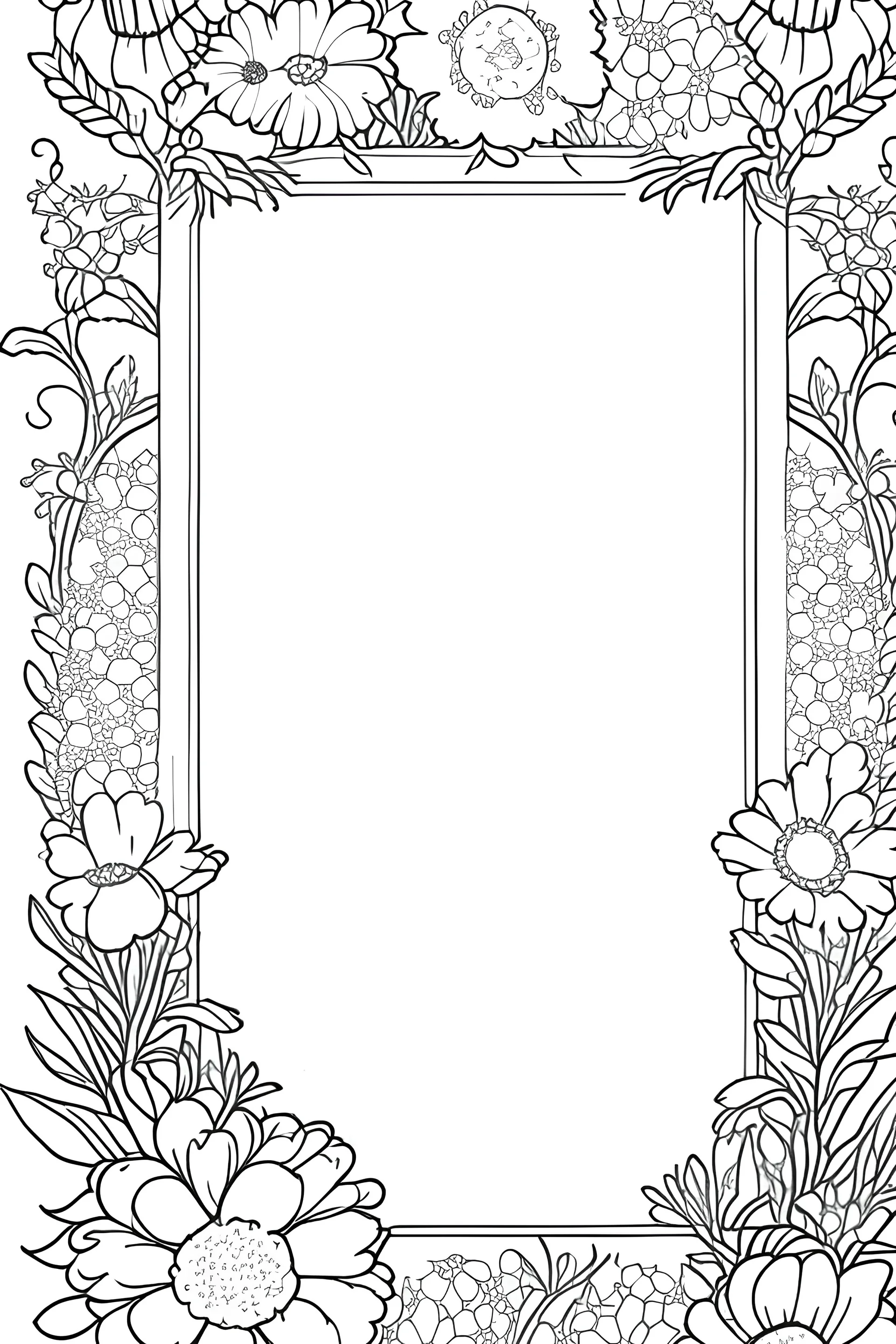 black and white wide beautiful cute floral frame for coloring pages, use a lot of big flowers, go all the way to the edges but leave a lot of space in the middle of the page, use only black and white, clear crisp outlines, no black background, go all the way to the outer edges of the page.