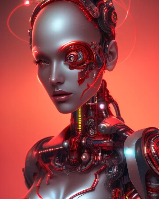 A beautiful portrait of a cyborg women red color scheme, high key lighting, volumetric light high details psychedelic background