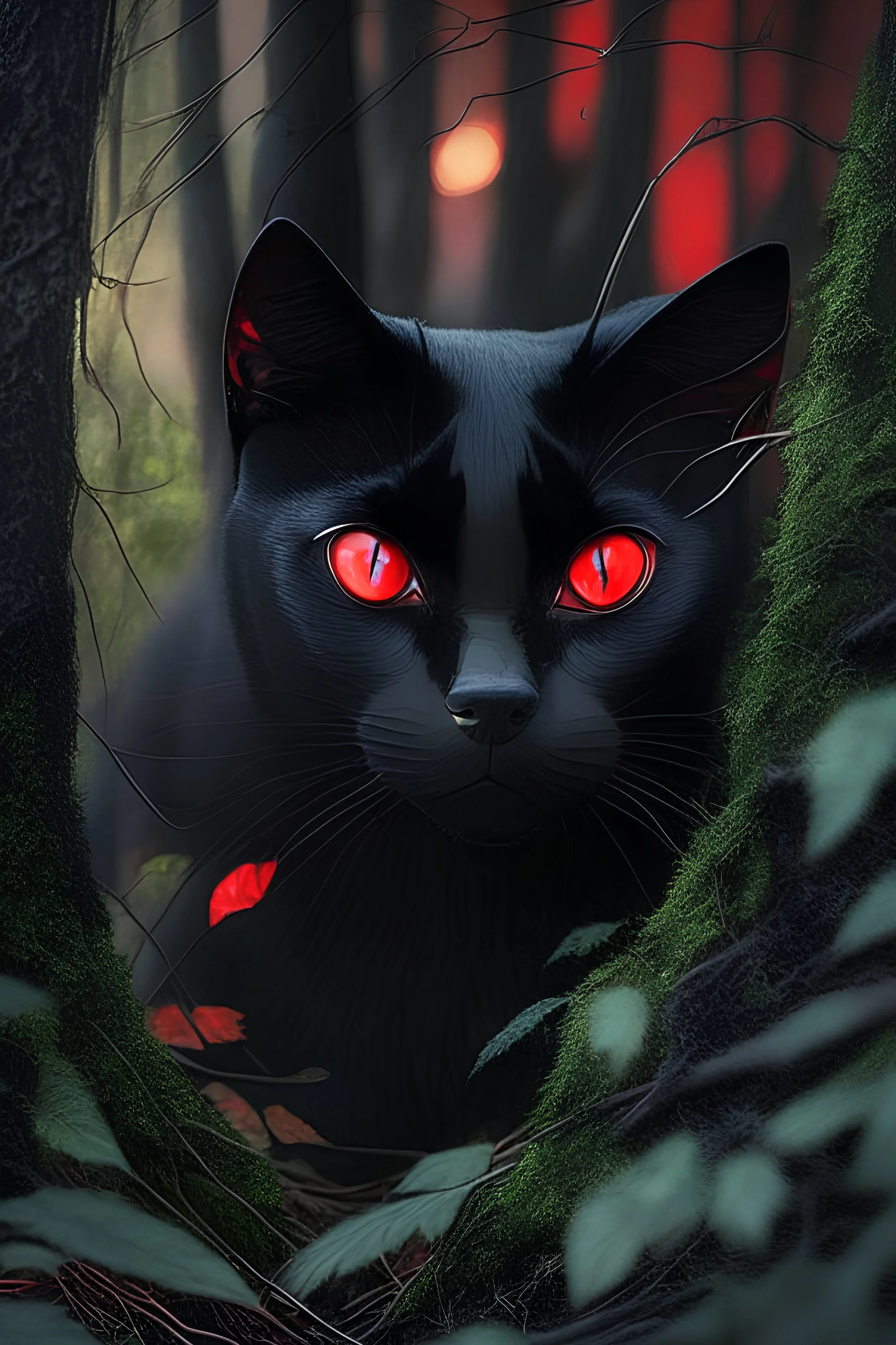 قطة سوداء مع اعين حمراء في غابة
