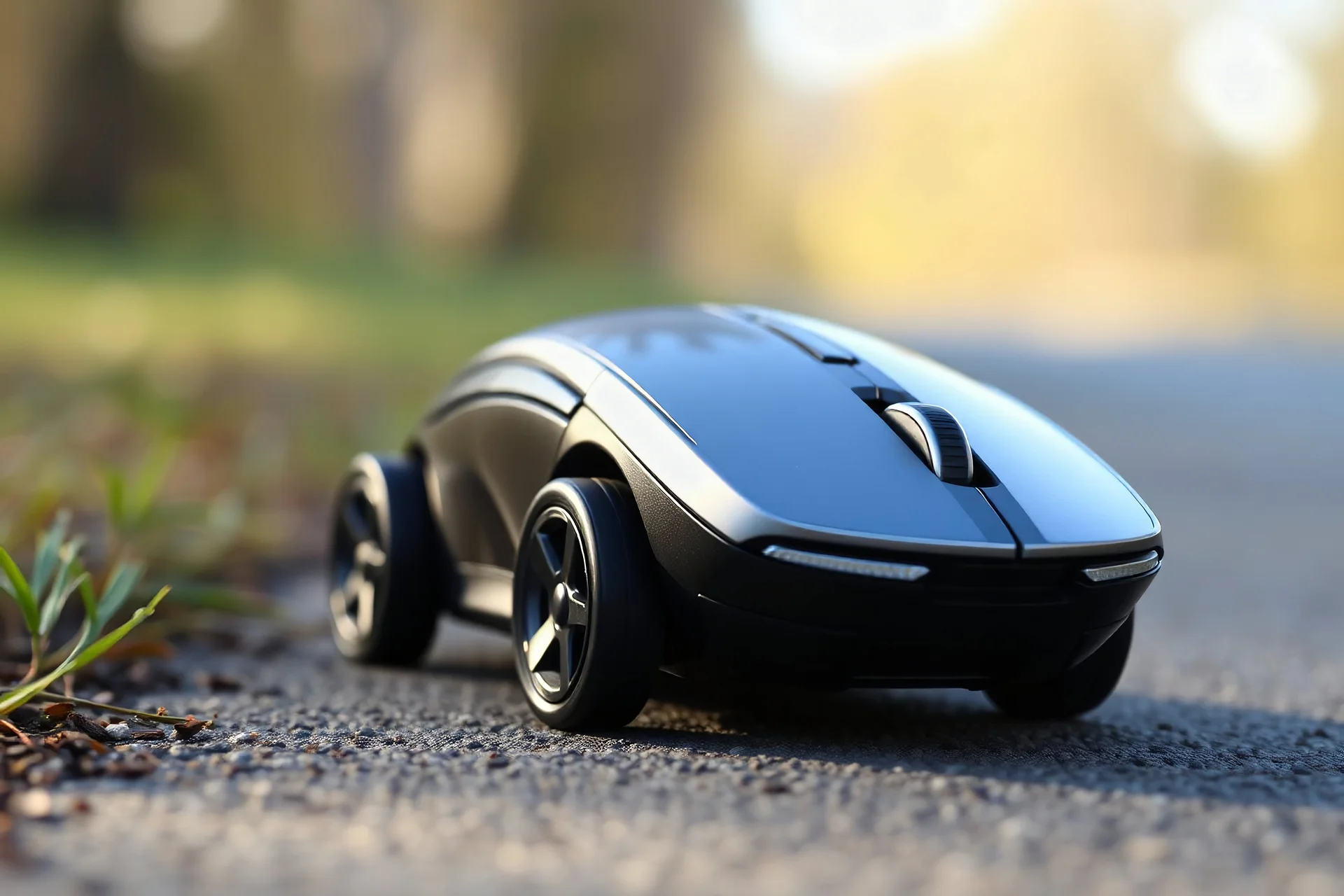 wireless computer mouse with four car wheels driving on the right side of a road