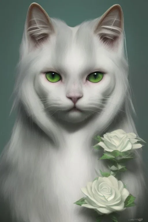 white cat, white hair, white roses, Camilla d'Errico, fantasy art, concept art, hyper detailed, beautiful, complex, trending on artstation, cinema4d, cryengine, national geographic photo, chiaroscuro A whitehaired Victorian woman with skulls and green flowers, high quality art, hyper detailed, beautiful, complex, trending on artstation, cinema4d, cryengine, national geographic photo, chiaroscuro