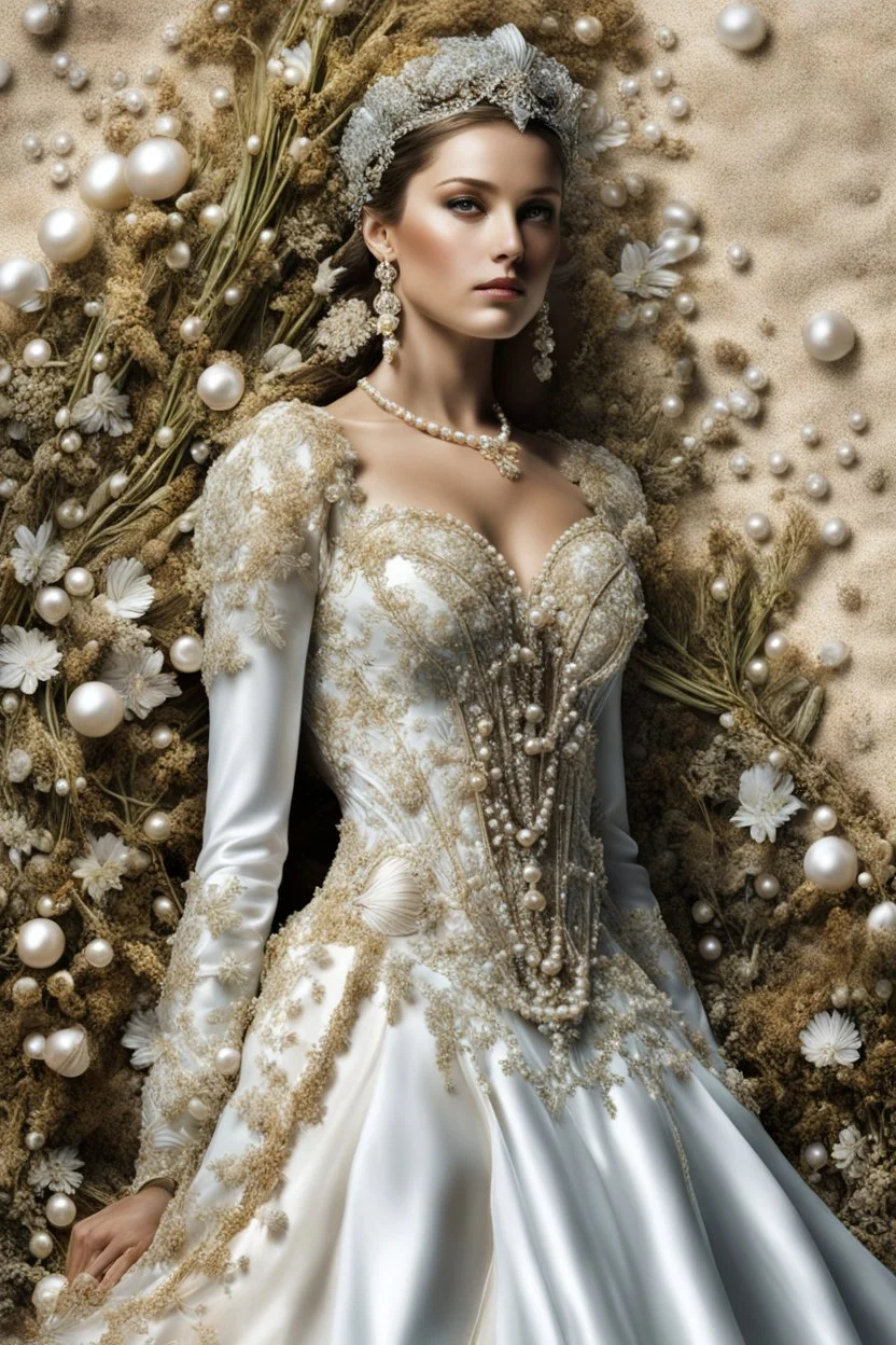 digital Photography art, beautiful woman dress shell rim, pearls, on a beautiful princess from Monaco. Sea, Sand. Photography Art, Realistic, hyperrealism, microdetail, ink, bioluminescence, flowers, herbs, thread beauty, dandy, volume, 3D, contrast, brightness.Art Botanical.Dolce & Gabbana.