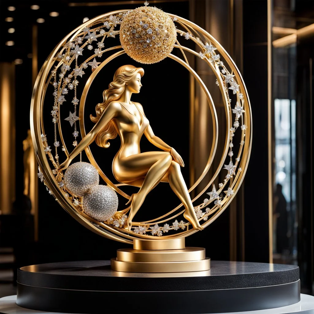 A magnificent golden and silver heart-shaped sign adorned with a stunning golden sphere encrusted with sparkling diamond clusters at its center, elegantly spinning in position,a girl statue standing pose