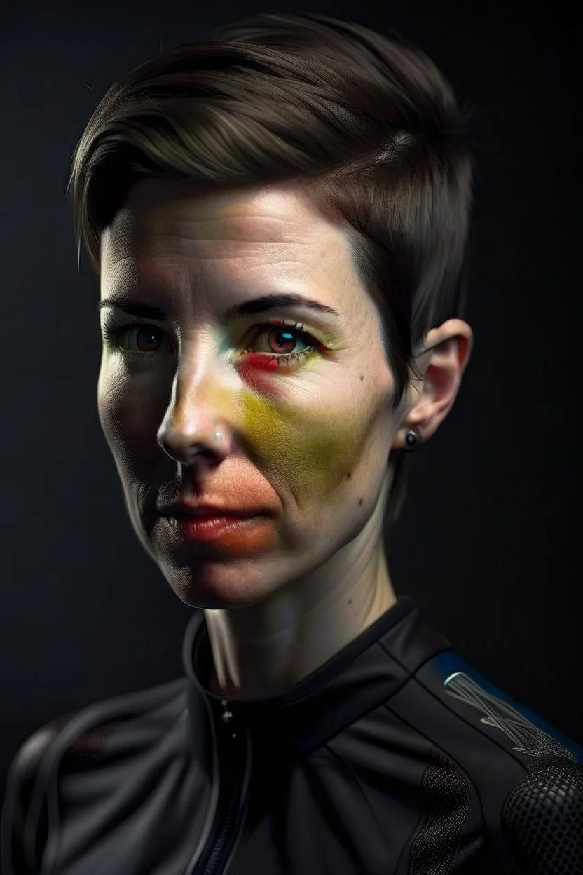 She has a lean, athletic build, a testament to her years of cycling. Her short-cropped hair, worn for aerodynamics during races, gives her a distinctive and androgynous look. portrait, photo-realistic, shot on Hasselblad h6d-400c, zeiss prime lens,