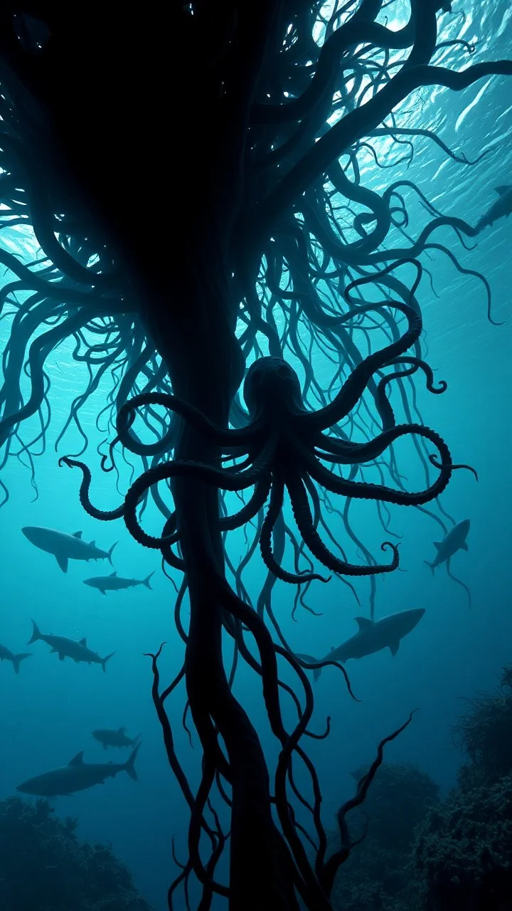 under water with sharks , black vein, human veins, mixing together a lot of them, like a forest, big and small veins a lot of them, a black creature looks like an octopus with many arms