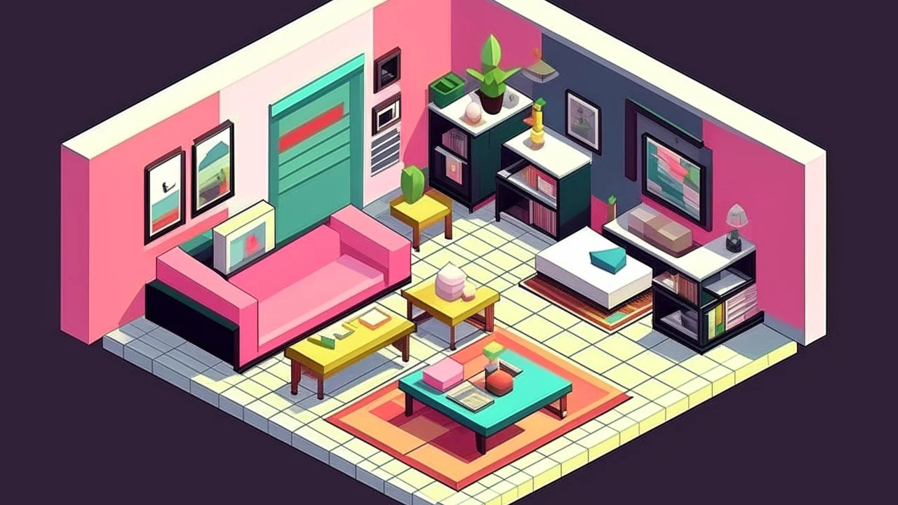 Salón social estilo Isométrico + Hipermodernismo donde hay un/a Gata