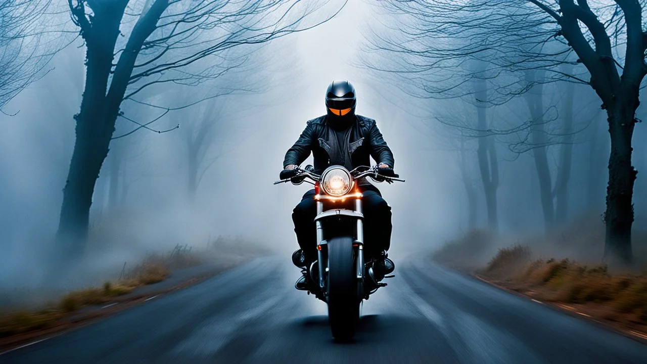 The photograph of a Knight Rider person dressed in a black motorcycle cloths riding a motorcycle through a foggy atmosphere. The rider's face is obscured by the fog, the scene with mystery mood. full body, blur background with fog, mystic, fantasy etheral mood