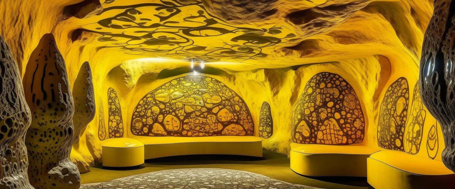 A yellow underground cave with crystals designed in cave paintings painted by Keith Haring