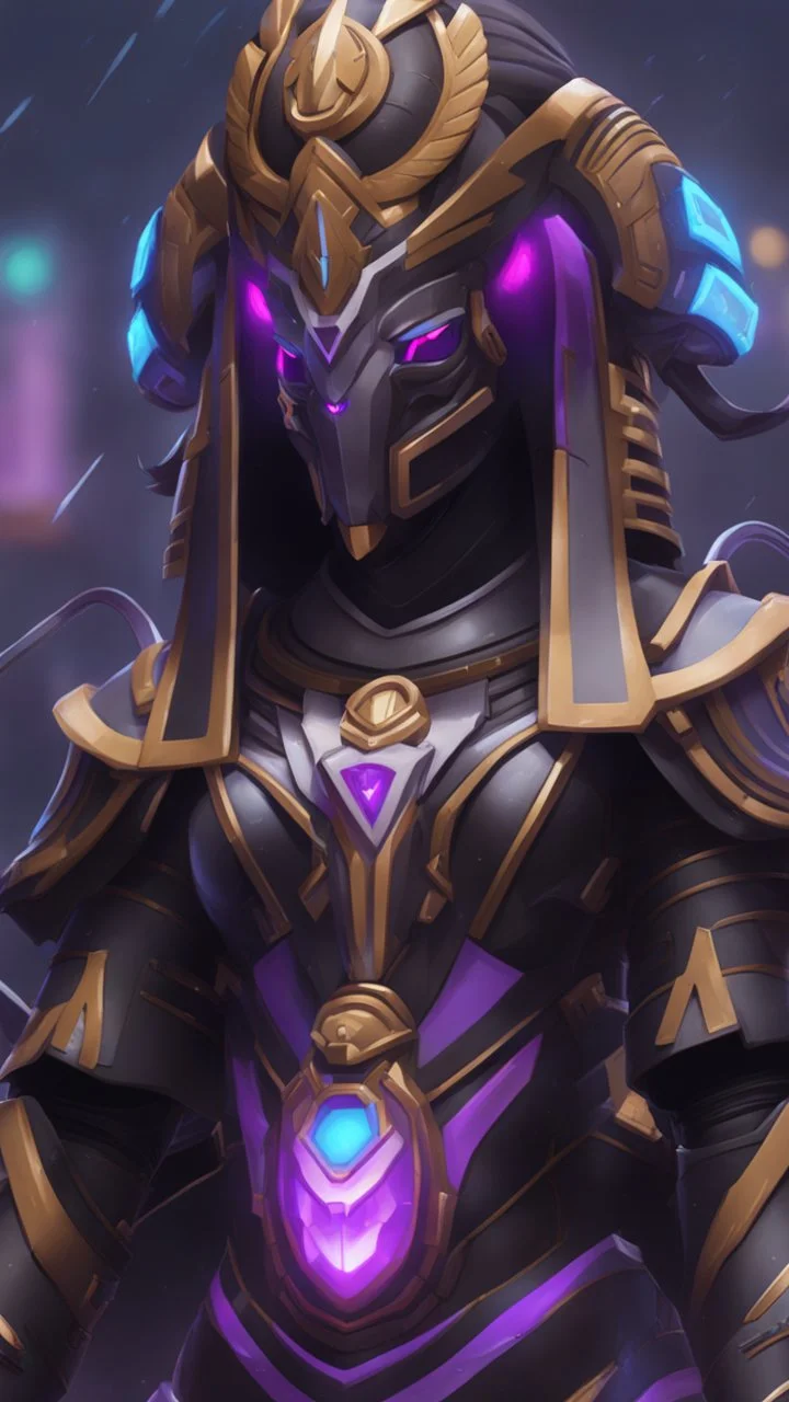 A close picture to Ramattra nemesis form egypt them in overwatch art style with black color and neon purple details in the rain
