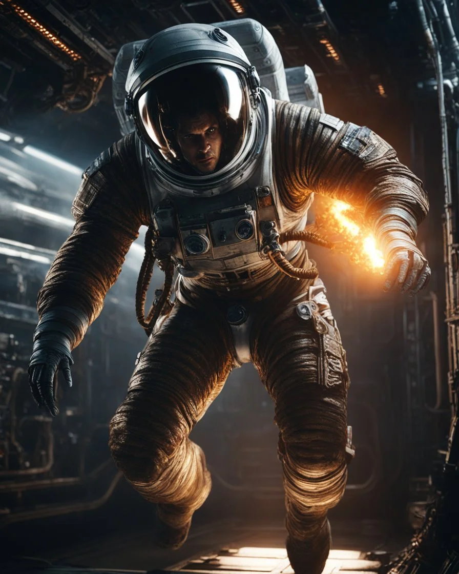 Astronaut VS Alien monster.Long shot front side shot of burning spaceship engine room, dramatic sprinting pose of an Russian astronaut being chased by Alien monster, fangs, Intricate, Cinematic, Stunning, Highly Detailed, 8k, Atmospheric, Highly Detailed, Fantasy Realism,