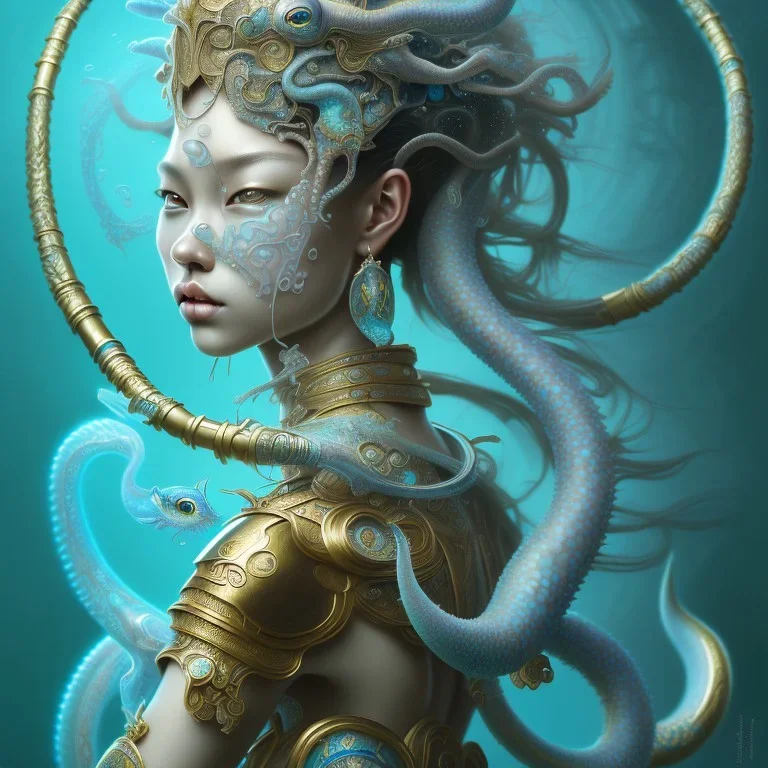 Sango fantasy, fantasy magic, intricate, sharp focus, illustration, highly detailed, digital painting, concept art, matte, art germ and Paul Lewin and Kehinde Wiley, masterpiece Japanese dancer head bronze squid' Asian African girl nice breast Thai hair turquoise silver blue under water