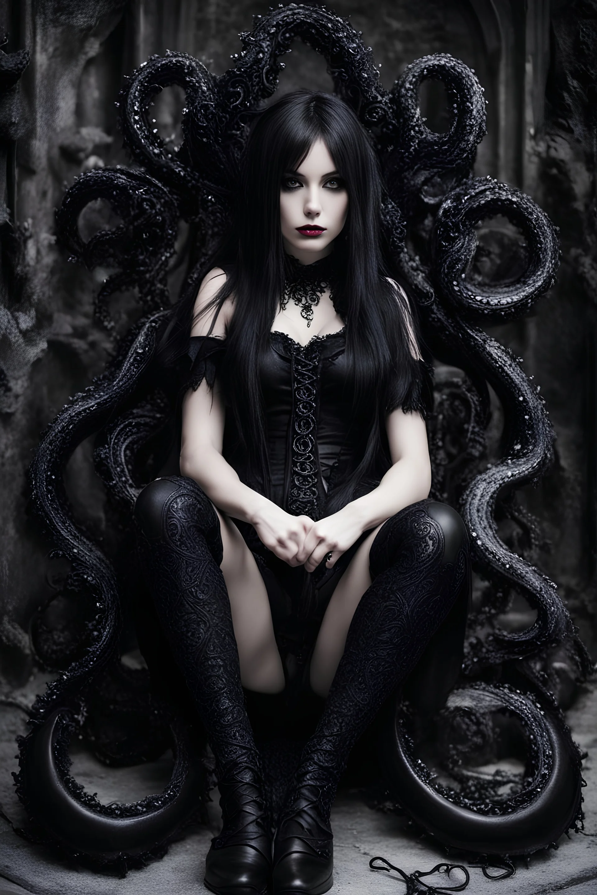 Girl goth, siting, fullbody, tentacles out from her, intricate, macro photography,