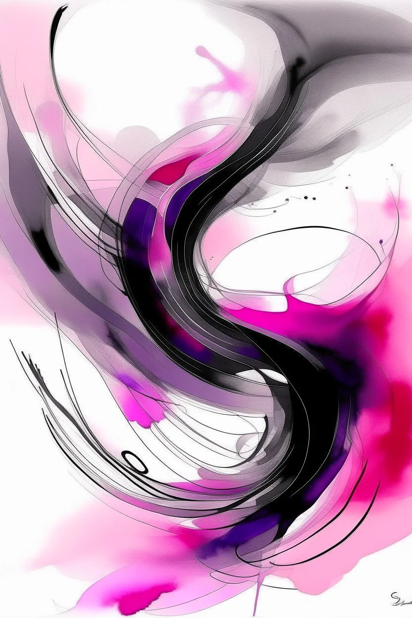 Whirlygig; Abstract art; Ink wash; gradient from purple to pink to silver