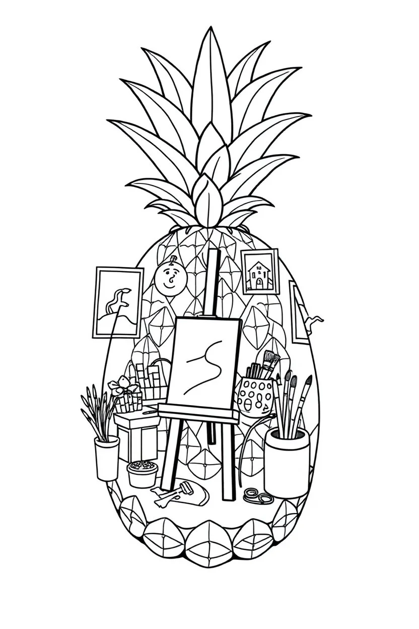 Pineapple Cozy Art Studio Coloring Page: A pineapple cross-section displaying an art studio. Features an easel, paint palettes, brushes, and artworks hung on the walls.