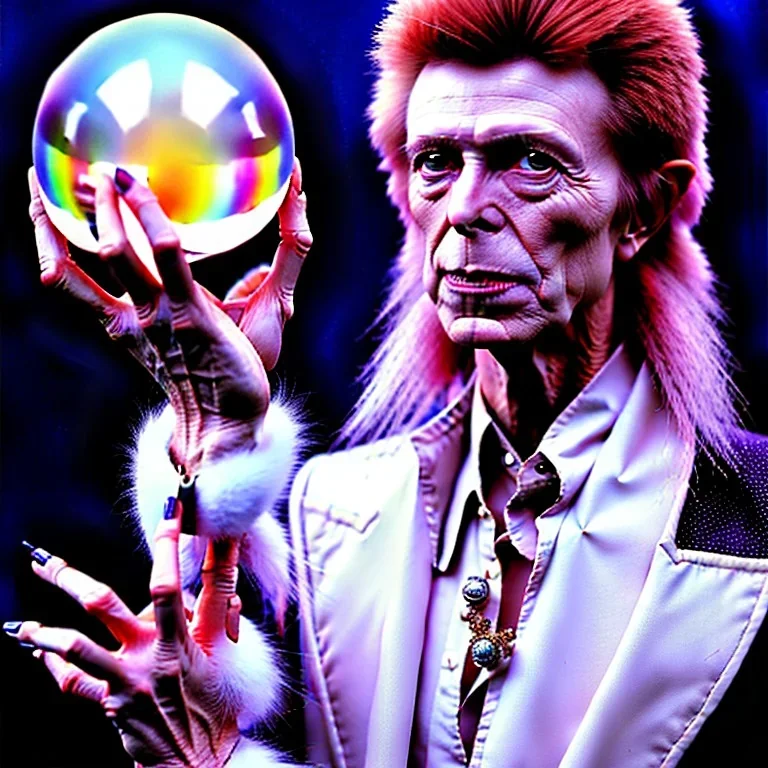 david bowie, mystical light, male model, white owl, Jim Henson's The Labyrinth, Jareth the goblin king, crystal ball in hand