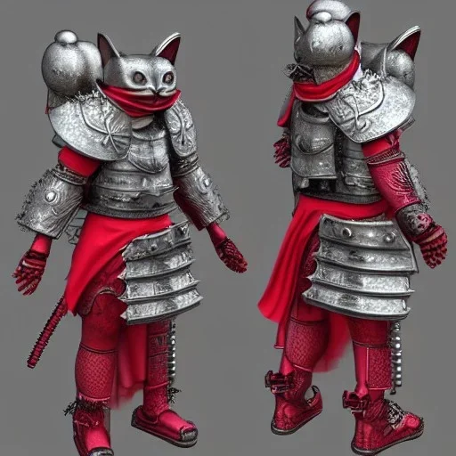 Chat, Modélisme trois dimensions, anthropomorphique, habillé comme un samurai, armure très détaillée, argent, rouge sang, réalisme