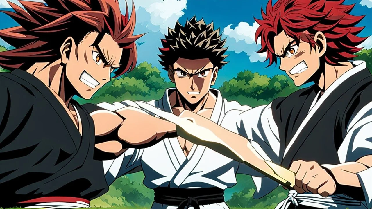 yujiro hanma vs yoriichi tsugukuni, baki vs kimetsu no yaiba, two mans standing in front of each other, a big strong man in black shirt with red hair and evil grin in martial art's stance with bare fists facing a smaller feminine swordsman with long hair and calm face reaching for his sword in traditional japanese clothes both preparing to fight each other