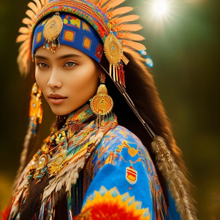 bright indigenous, beautiful portrait, flowery landscape, light, sun