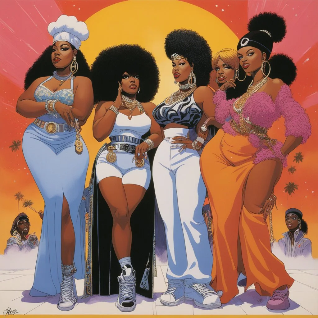 women of hip hop [physchedelic album cover by Angus McBride] Salt and pepper, Shay, Queen Latifah, Roxanna chanté
