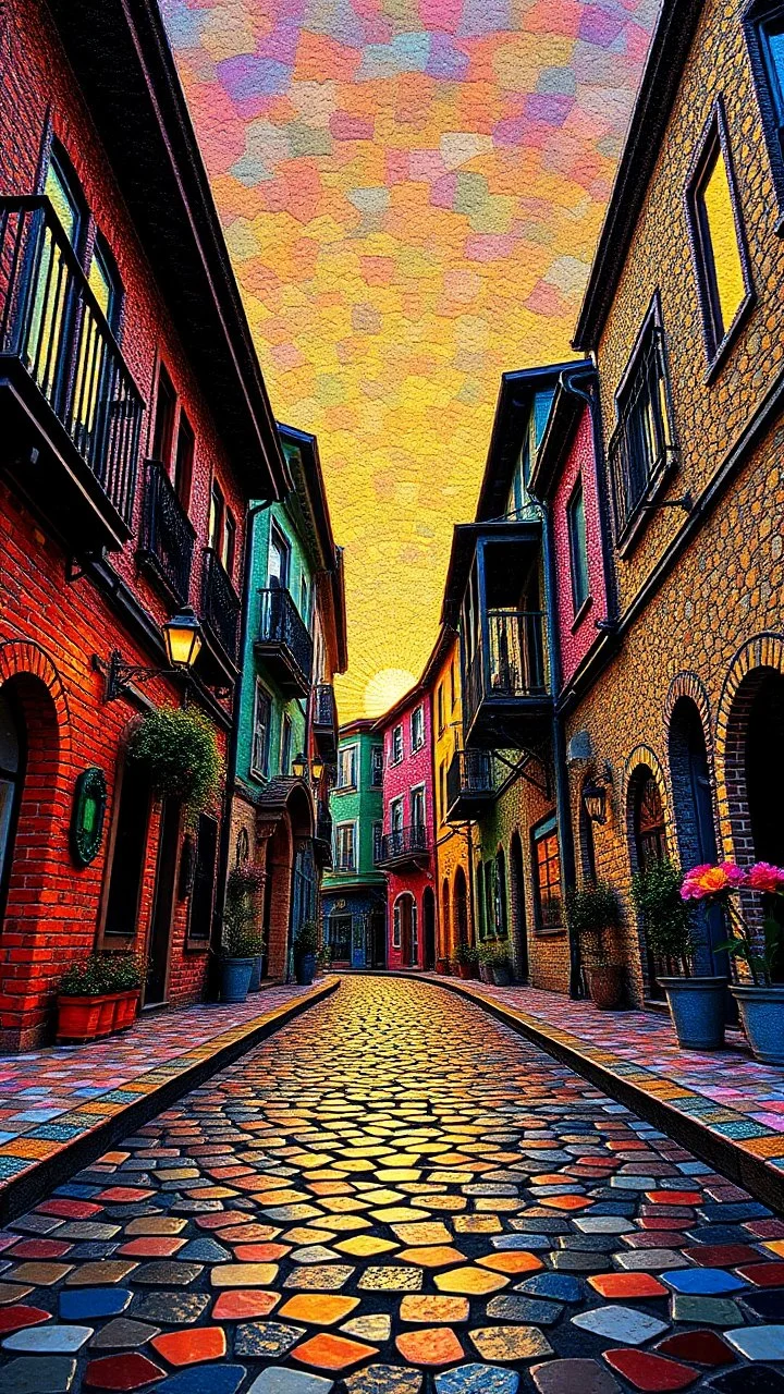 "Midnight Serenade unique" low view angle shot down sunset large close up a beautiful street with colorful houses on both sides , granite terrazzo motifs with puzzle modern , clothing is decorated with colorful filigree abstract, Collage chutes papiers magazines,Spirograph background by Nisa Kiley, Textile Artist،