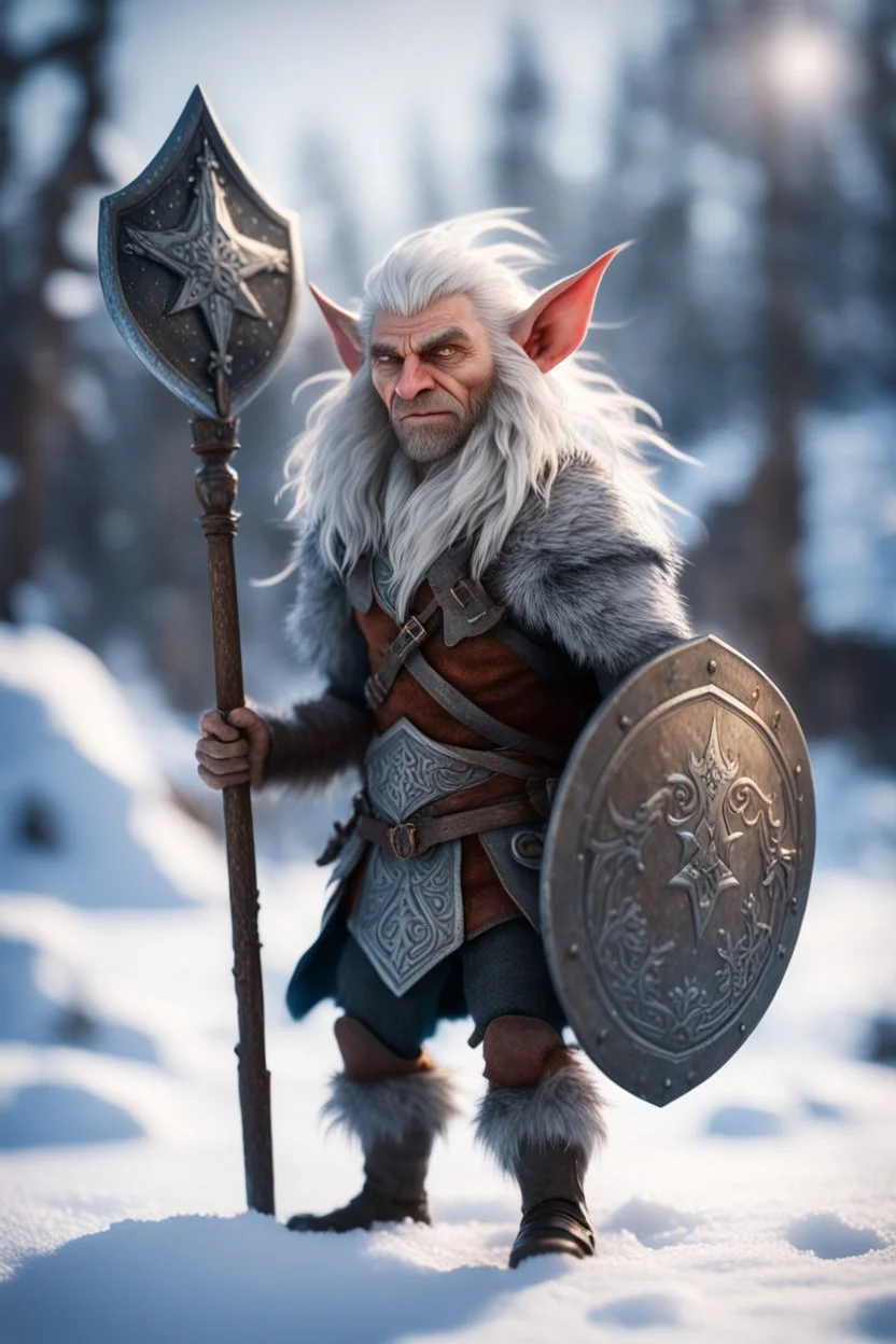 knee deep in snow, epic hero elven gremlin norseman with wild hair, short ears, and big holy ornamented shield Under stjerners gnist Vi går som ett, vår tro et løfte ,bokeh like f/0.8, tilt-shift lens 8k, high detail, smooth render, down-light, unreal engine, prize winning