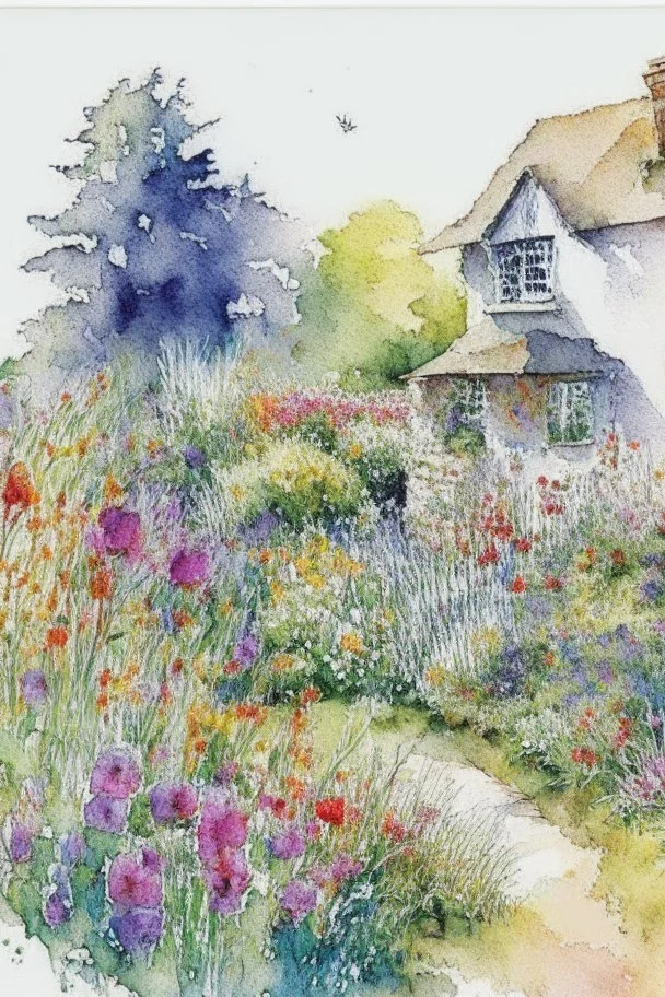 abstract watercolour english cottage garden in the style of jean haines, centred