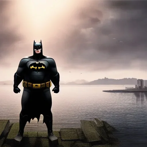 fat batman, dramatic light, lake background, sunset, dystopian setting, high contrast, sharp, neuromancer, henry dorsett case, painted by stanley lau, painted by greg rutkowski, cinematic