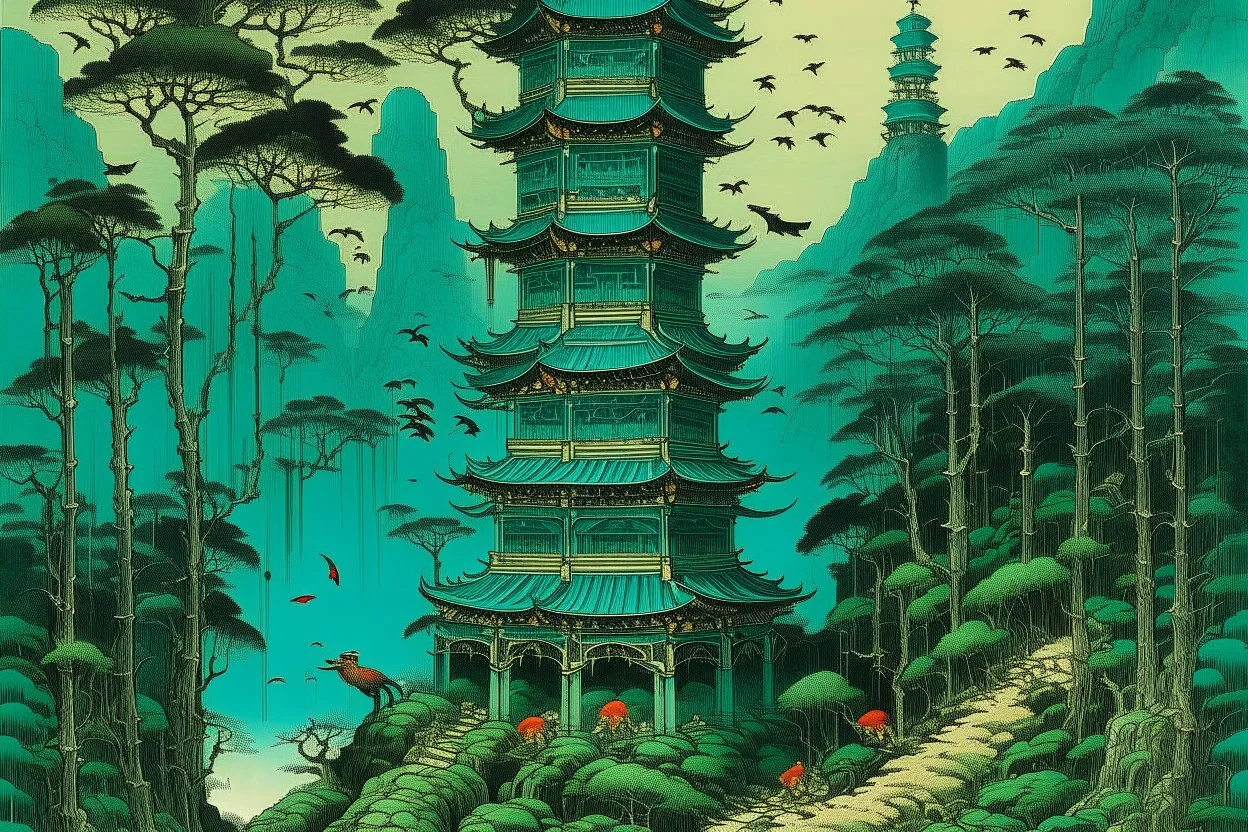 A bluish green tower in a toxic jungle painted by Utagawa Hiroshige