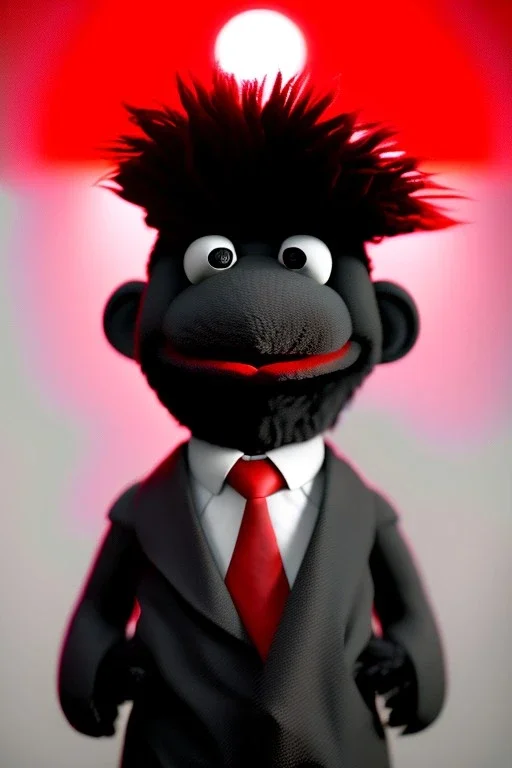 Waist up muppet Portrait, Kim Jong-un muppet doll, black suit, photo studio, red background, unreal engine 5, concept art, art station, god lights, ray tracing, RTX, lumen lighting, ultra detail, volumetric lighting, 3d.