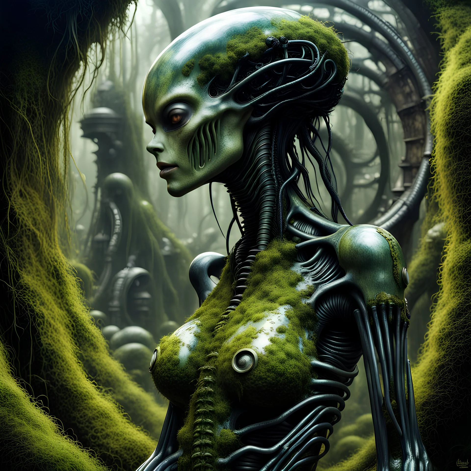 human female body xenomorph overgrown with moss, art peter Gric earl Norem Hajime Sorayama and Giger, steampunk, dieselpunk, detailed, complicated, photorealistic, 8k,