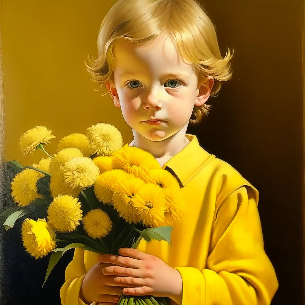 Neoclassicism child holding flowers painting yellow realistic cote d'azur