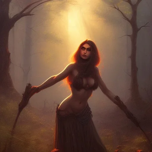 frank frazetta style, witch in the forest, dusk