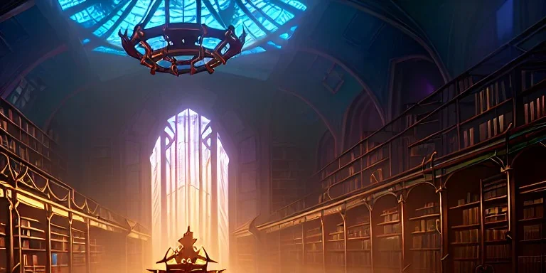 Neverending Massive magical ancient library, fantasy, with multiple bird cages hanging from ceiling, misty