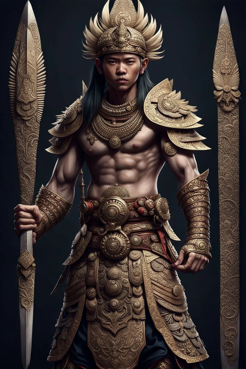 Fhoto full body, reality, Raw, Indonesia culture future, kingdom, warrior, digital art, intricate details, powerful composition, captivating, , trending on artstation, high focus, studio photo, intricate details, highly detailed, by addie_digi