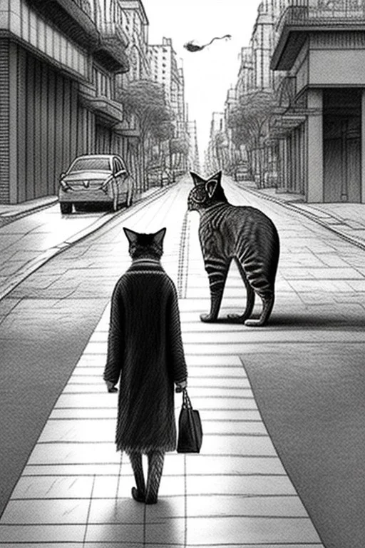 one single mature cat walking on the street, thoughtful, mourning, model style, hyper realistic, extremely accurate, delicate, extremely detailed, Graphic novel style, wide-angle, open aperture, superfine pencil