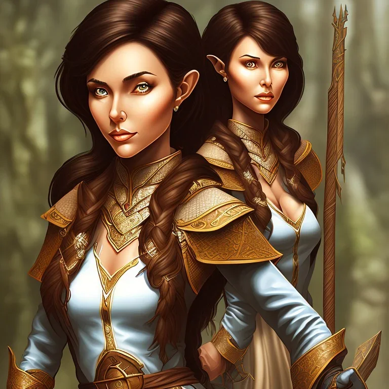 dungeons and dragons, female wood elf, druid, brown hair, brown eyes, full body, realistic face, short hair, large nose, closed mouth, leather armor, dark skin, one person, blue scarf