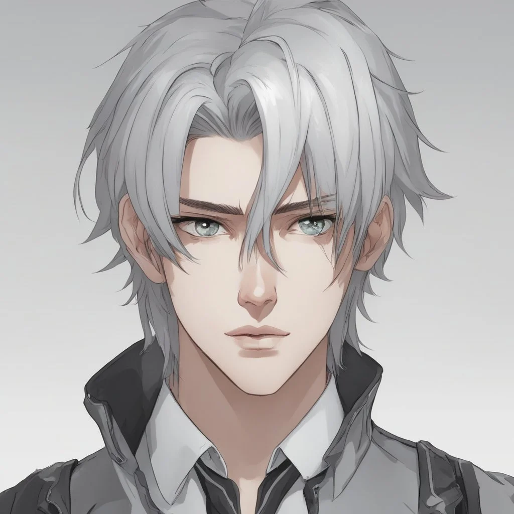 A stunningly detailed (((headshot portrait))), capturing the essence of a young man in his 20s with silver hair and piercing gray eyes, exuding a sense of confidence and protection, anime realism style