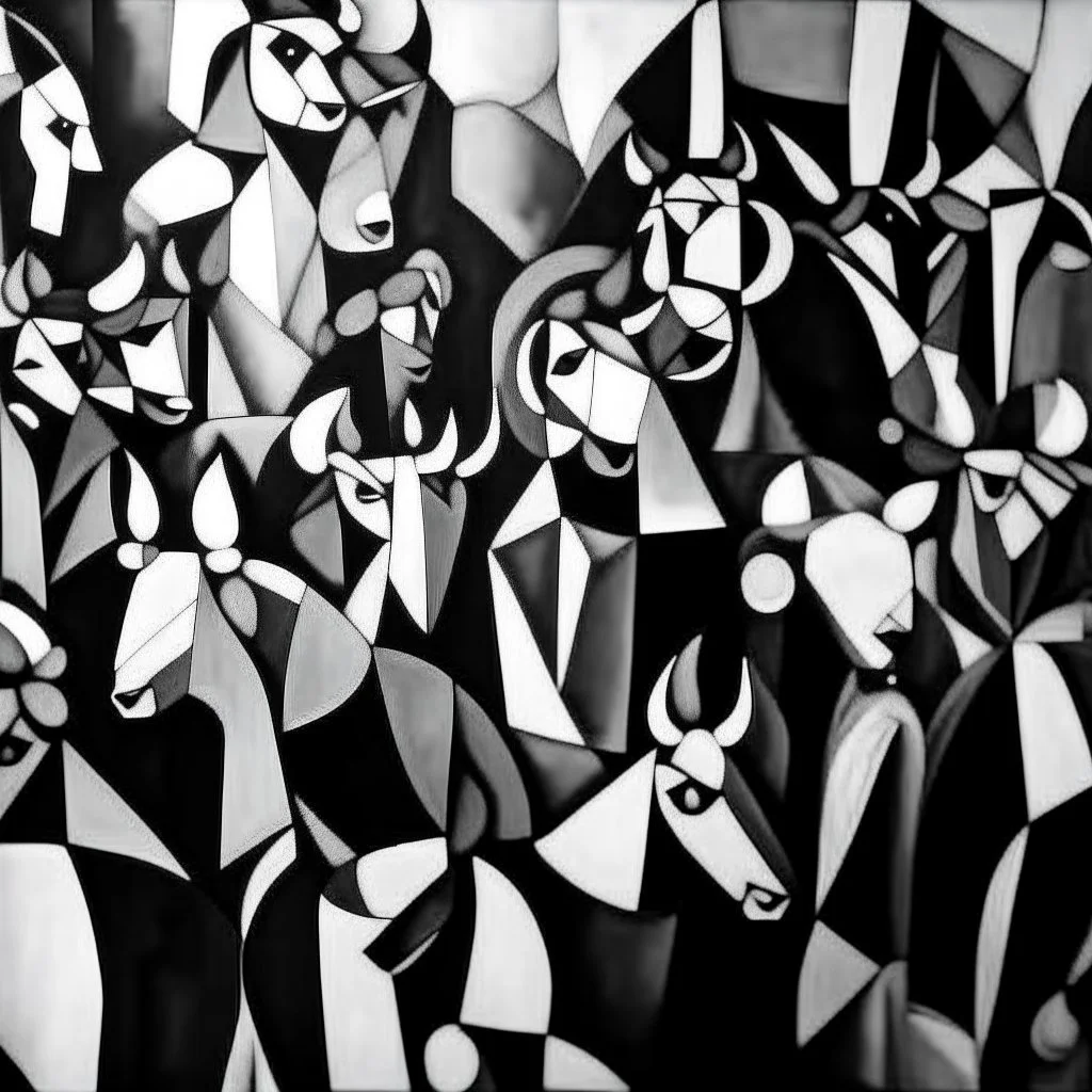 picasso cubism crowd of people black and white bull in the middel