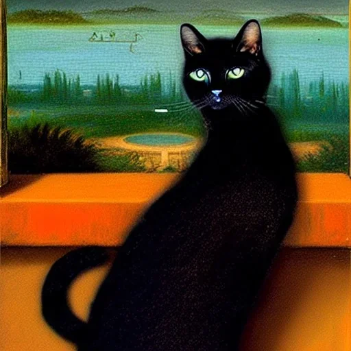 The cat Mona Lisa sits patiently on a windowsill, her gaze fixed on the distant horizon. She is a beautiful feline, with sleek black fur and piercing green eyes. As she sits, she exudes an air of calm and contemplation, as if lost in thought. Her pose is relaxed, but regal, with her head held high and her tail wrapped neatly around her paws. Despite her feline nature, there is something human-like about the cat Mona Lisa. Her expression is enigmatic and inscrutable, hinting at secrets and myst