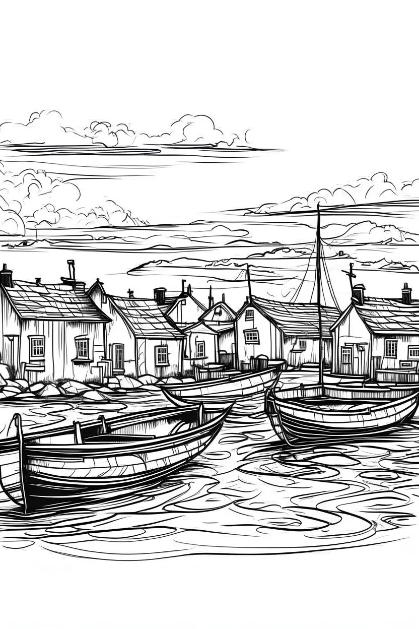 English fishing village blotchy ink minimalist loose outline sketch in blotchy thin lines line art