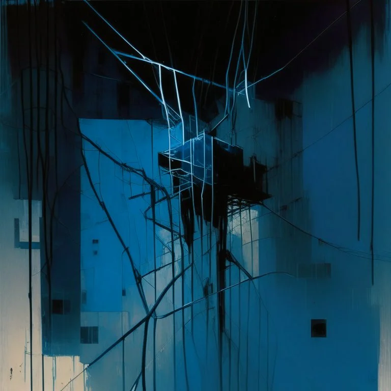 Minimal abstract oil painting of a zoom in on limbs sinew. Amongst concrete fragments brutalist architecture and hanging wires illuminated at night. Blue In the style of Justin Mortimer and Phil Hale and Ashley Wood