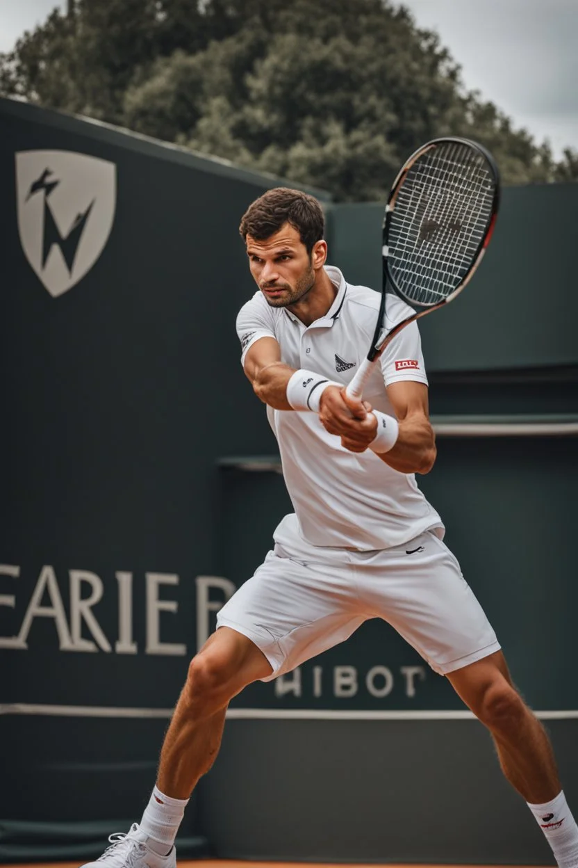 A hyper-realistic, A close-up of Grigor Dimitrov's intense gaze as he prepares to serve a powerful ace. Photo Real, HOF, full size, practicality,manufacturability,performance, (((realism, realistic, realphoto, photography, portrait, , realistic, beautiful, elegant, charming, apocalyptic environment, professional photographer, captured with professional DSLR camera,trending on Artstation, 64k, ultra detailed, ultra accurate detailed, bokeh lighting, surrealism, Thomas Kinkade background,