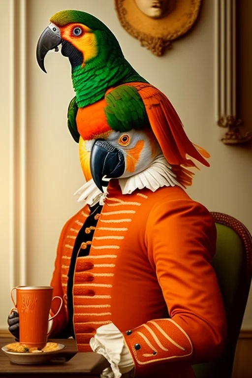 Half parrot half human in a 1700s Orange Dutch uniform in a Dutch cafe