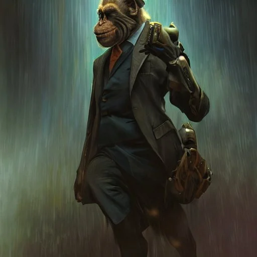 Ape in suit, 16D lighting, surreal fantasy art,16D detailed face head and shoulders portrait, 8k resolution concept art portrait by Greg Rutkowski, Artgerm, WLOP, Alphonse Mucha dynamic lighting hyperdetailed intricately detailed Splash art trending on Artstation triadic colors Unreal Engine 5 volumetric lighting