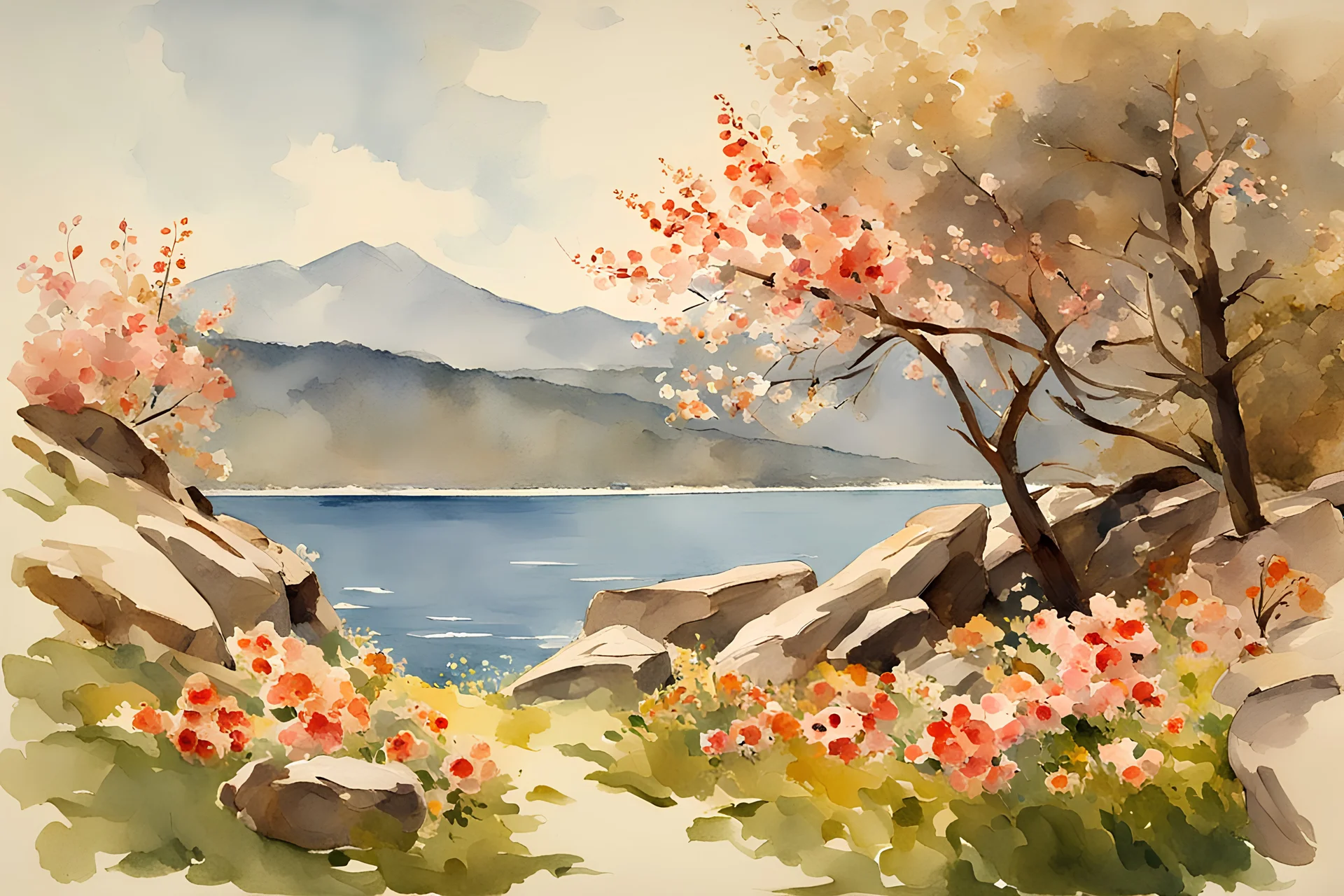 Sunny day, spring, flowers, rocks, mountains, epic, winslow homer watercolor paintings