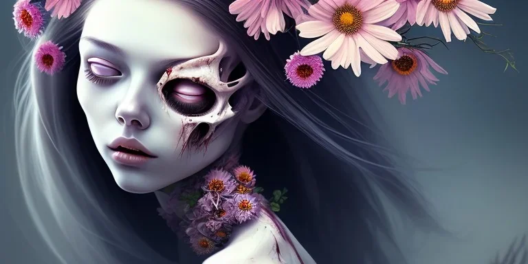 dead girl's decapitated head buried in flowers, beautiful, eyes closed