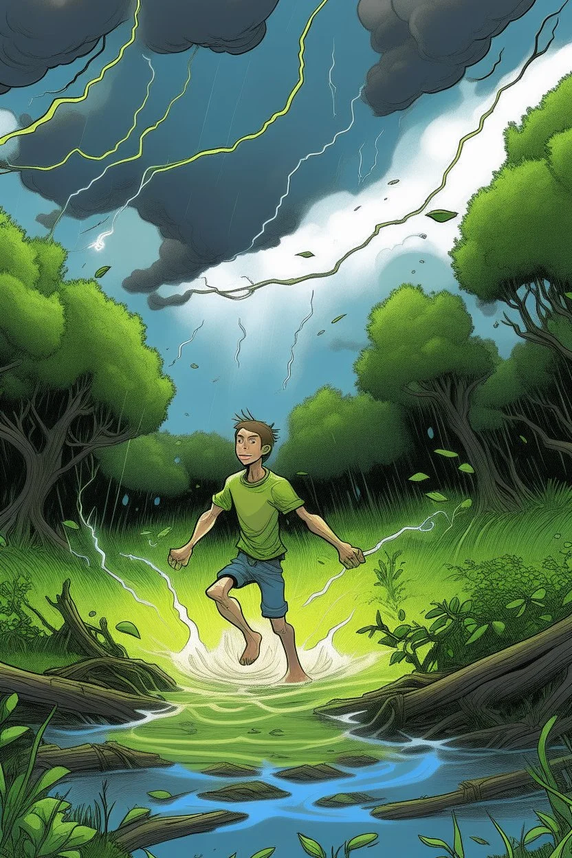 A young man with fruit trees for arms and legs floats above a swamp casting lightning bolts