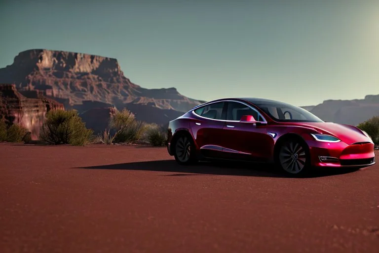 A Tesla 'Model S' is parked, in the 'Grand Canyon National Park'. (CINEMATIC, WIDE ANGLE LENS, PHOTO REAL)